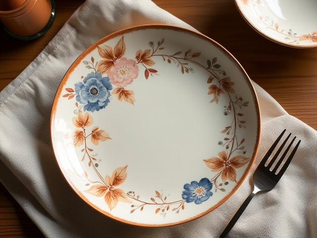 Detalle de una vajilla de cerámica pintada a mano con motivos florales y geométricos en tonos tierra y azul.