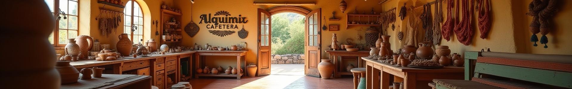Un taller de artesanía acogedor y bien iluminado de Alquimia Cafetera, con herramientas y materiales sobre mesas rústicas y un ambiente cálido.