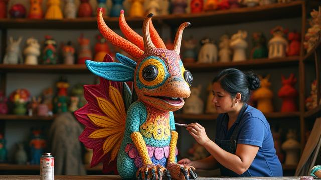 Artesano coloreando una gran figura de alebrije hecha de papel maché, con otras figuras vibrantes en el fondo.