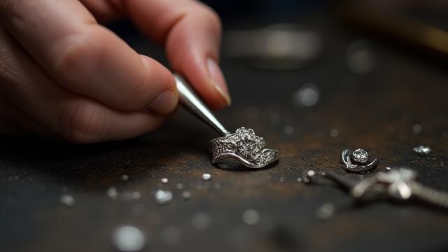 Primer plano de manos de joyero trabajando en un intrincado anillo de plata con herramientas tradicionales y piedras preciosas.