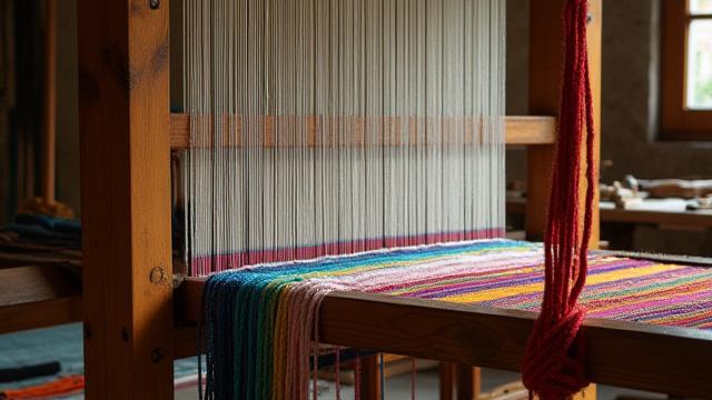 Tejidos coloridos colgando de telares en un taller artesanal. Hilos de colores vibrantes y herramientas de tejido en primer plano.