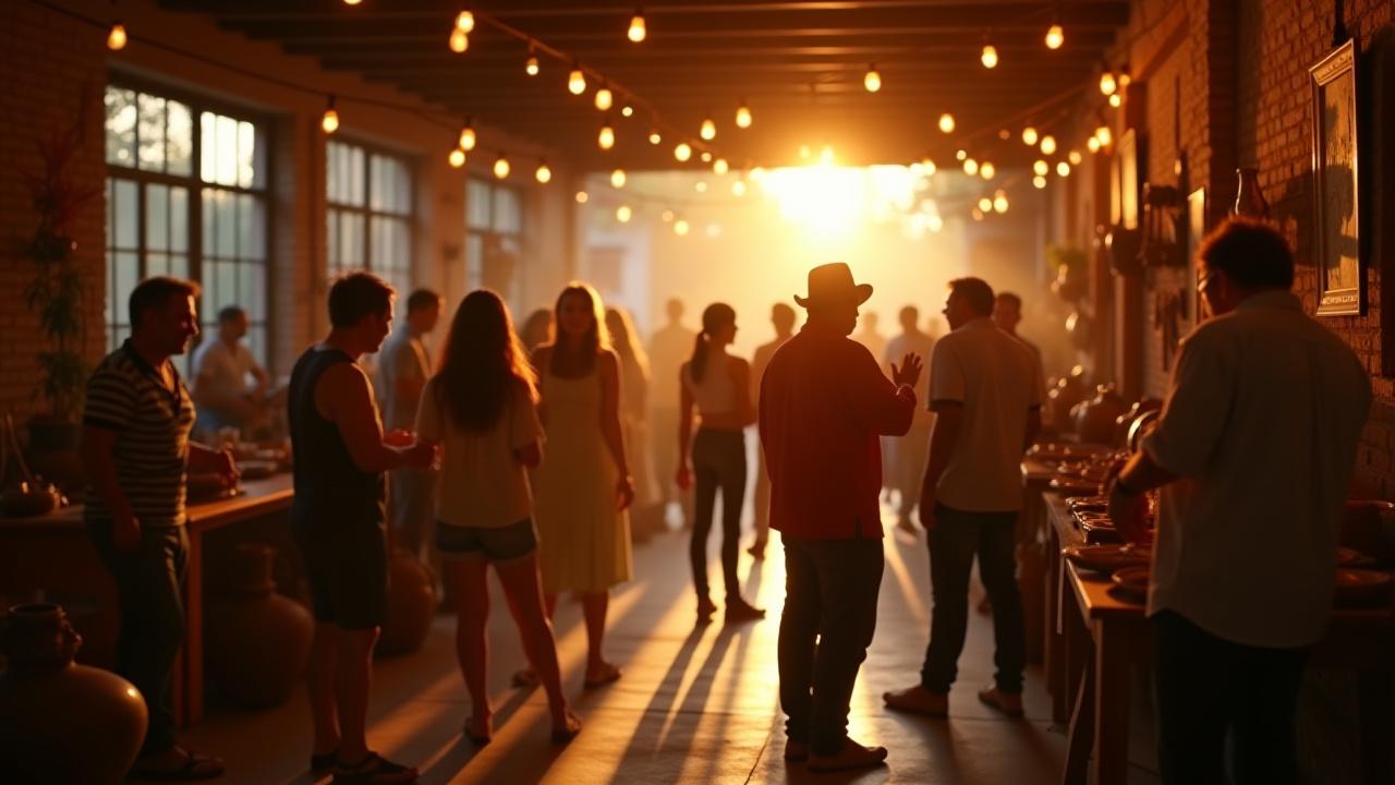 Personas en un evento cultural animado en Alquimia Cafetera, con artesanías y música en vivo, ambiente cálido y lleno de luz.