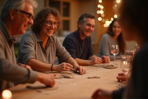 Participantes sonriendo mientras trabajan con arcilla en un ambiente relajado de 'Vino y Arcilla', con copas de vino en la mesa.