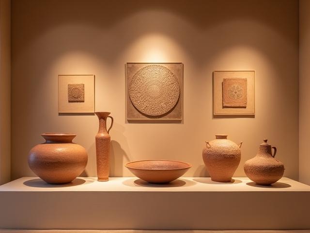 Vista de la exposición 'Geometrías del Barro', con piezas de cerámica precolombina y moderna en exhibición.