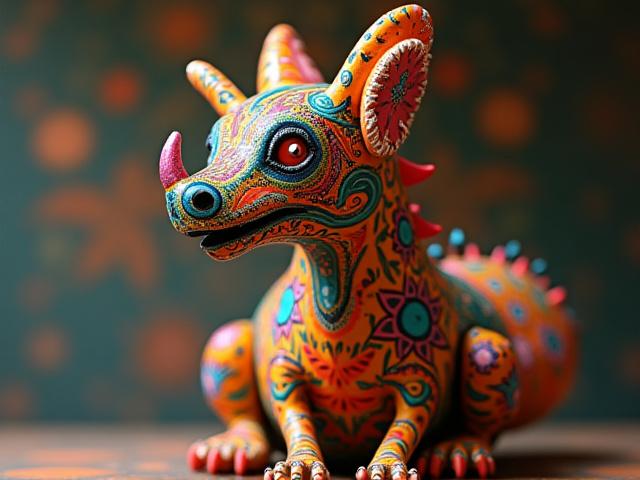 Fantástica figura de alebrije en cartonería, pintada con colores vibrantes y detalles surrealistas.