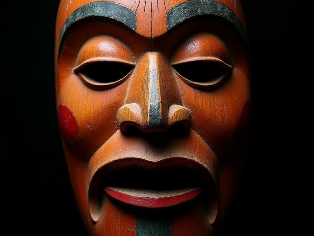 Máscara ceremonial de madera tallada con pintura minuciosa y expresión dramática.
