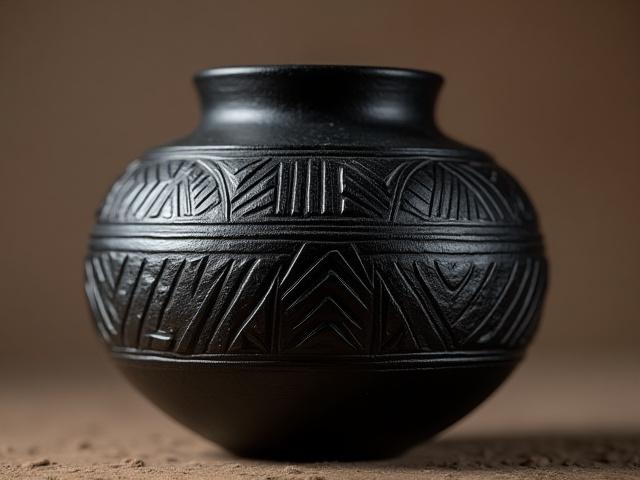 Majestuosa vasija de cerámica negra bruñida, con motivos geométricos finamente grabados.
