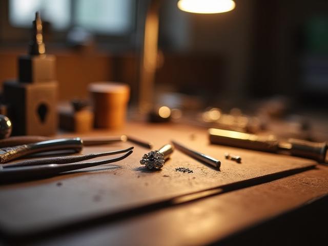 Banco de trabajo de joyería bien iluminado con herramientas, lupas y piezas de metal en proceso