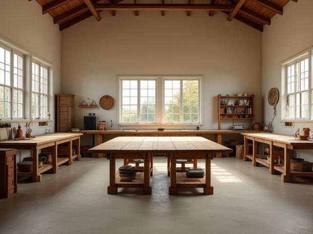 Amplio taller privado de Alquimia Cafetera, limpio, con una gran mesa central y luz cenital, listo para ser personalizado