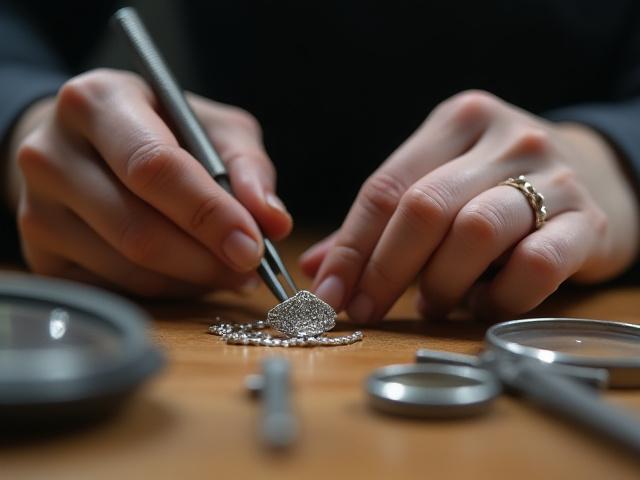 Manos delicadas trabajando sobre una pieza de plata en una mesa de joyero, con herramientas finas y lupas.