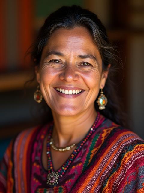 Retrato de la Maestra Isabel, una mujer sonriente con ropa tradicional y un telar de fondo.