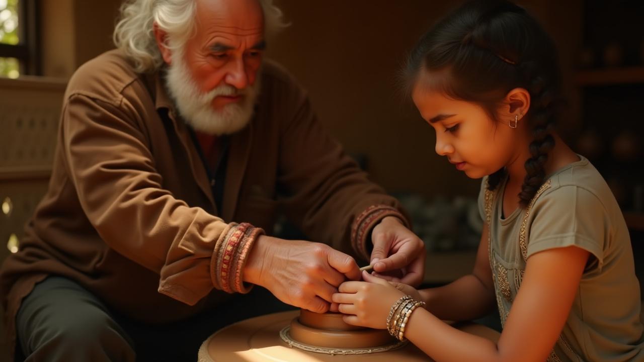 Manos de un artesano mayor guiando las de un joven en una técnica artesanal mexicana, creando un puente entre generaciones.